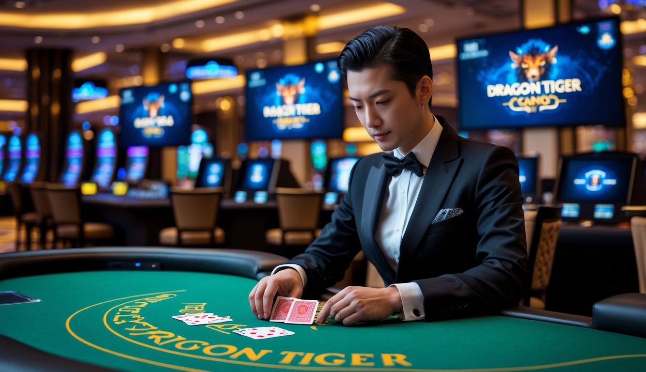 Seorang dealer nyata sedang membagikan kartu di meja permainan Dragon Tiger dengan layar streaming HD di latar belakang.