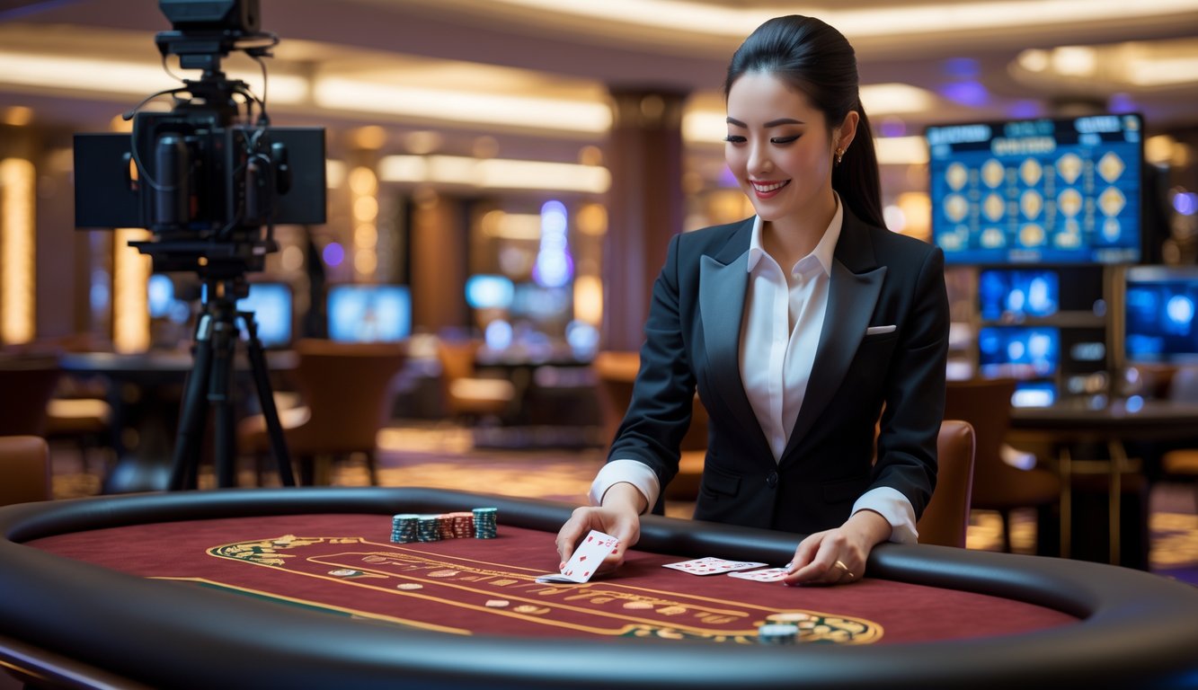 Seorang dealer wanita sedang membagikan kartu di meja permainan Dragon Tiger di kasino dengan peralatan streaming di sekitarnya.