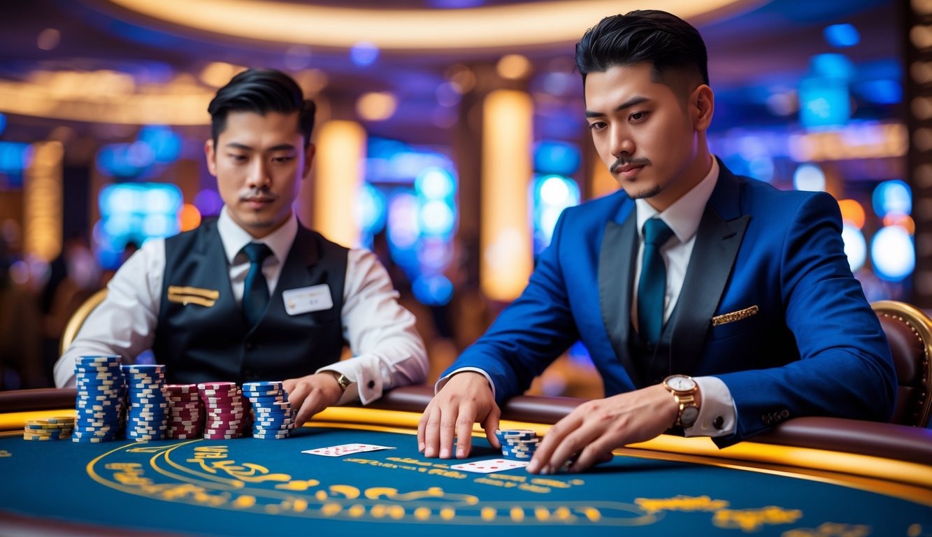 Seorang pria percaya diri duduk di meja Dragon Tiger dengan dealer nyata, fokus bermain kartu di kasino mewah.