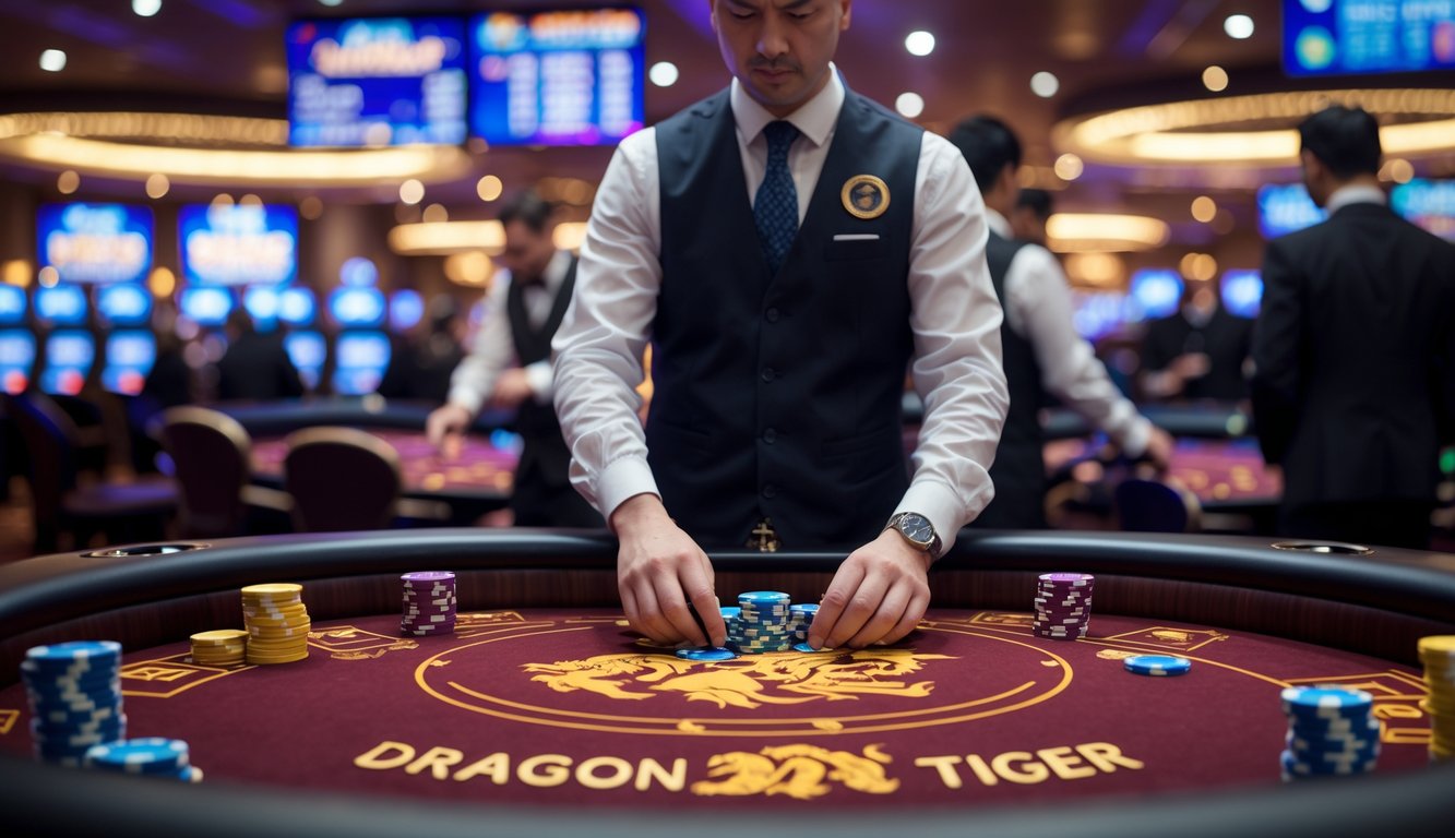 Seorang dealer profesional membagikan kartu di meja permainan Dragon Tiger dengan pemain yang memasang taruhan di kasino langsung.