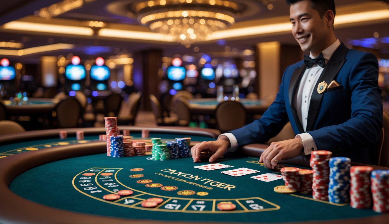 Seorang dealer profesional di meja permainan Dragon Tiger dengan kartu dan chip di kasino yang mewah.