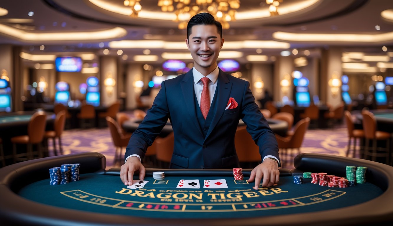 Seorang dealer kasino profesional berdiri di belakang meja permainan Dragon Tiger dengan kartu dan chip, di dalam ruangan kasino yang mewah dan terang.