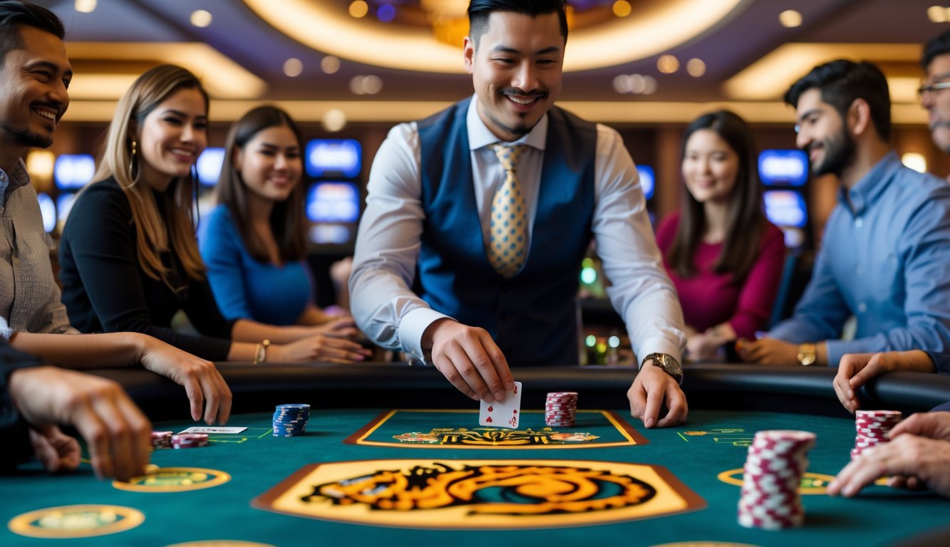 Seorang dealer nyata sedang membagikan kartu di meja permainan Dragon Tiger dengan beberapa pemain yang terlihat antusias di sekitarnya.