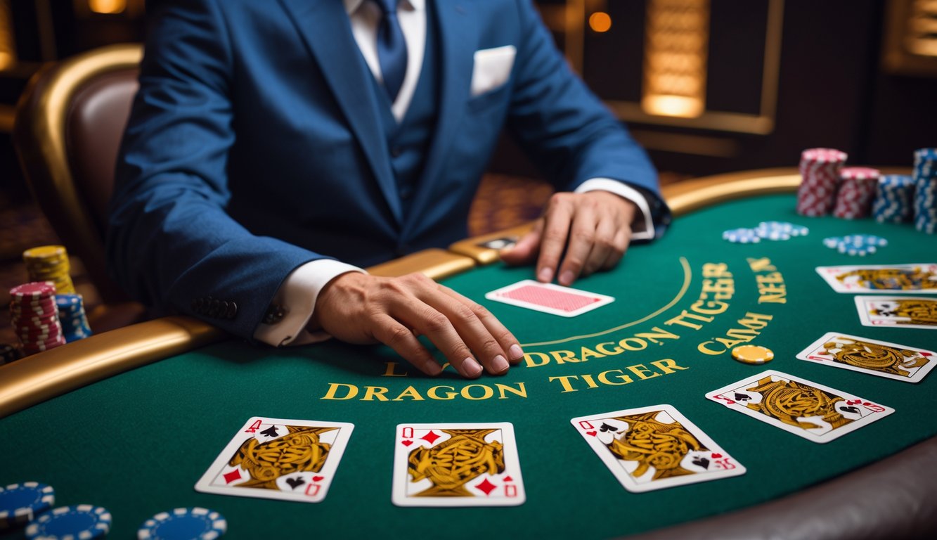 Seorang dealer profesional duduk di meja hijau permainan kartu Dragon Tiger dengan kartu dan chip di sekitar meja.
