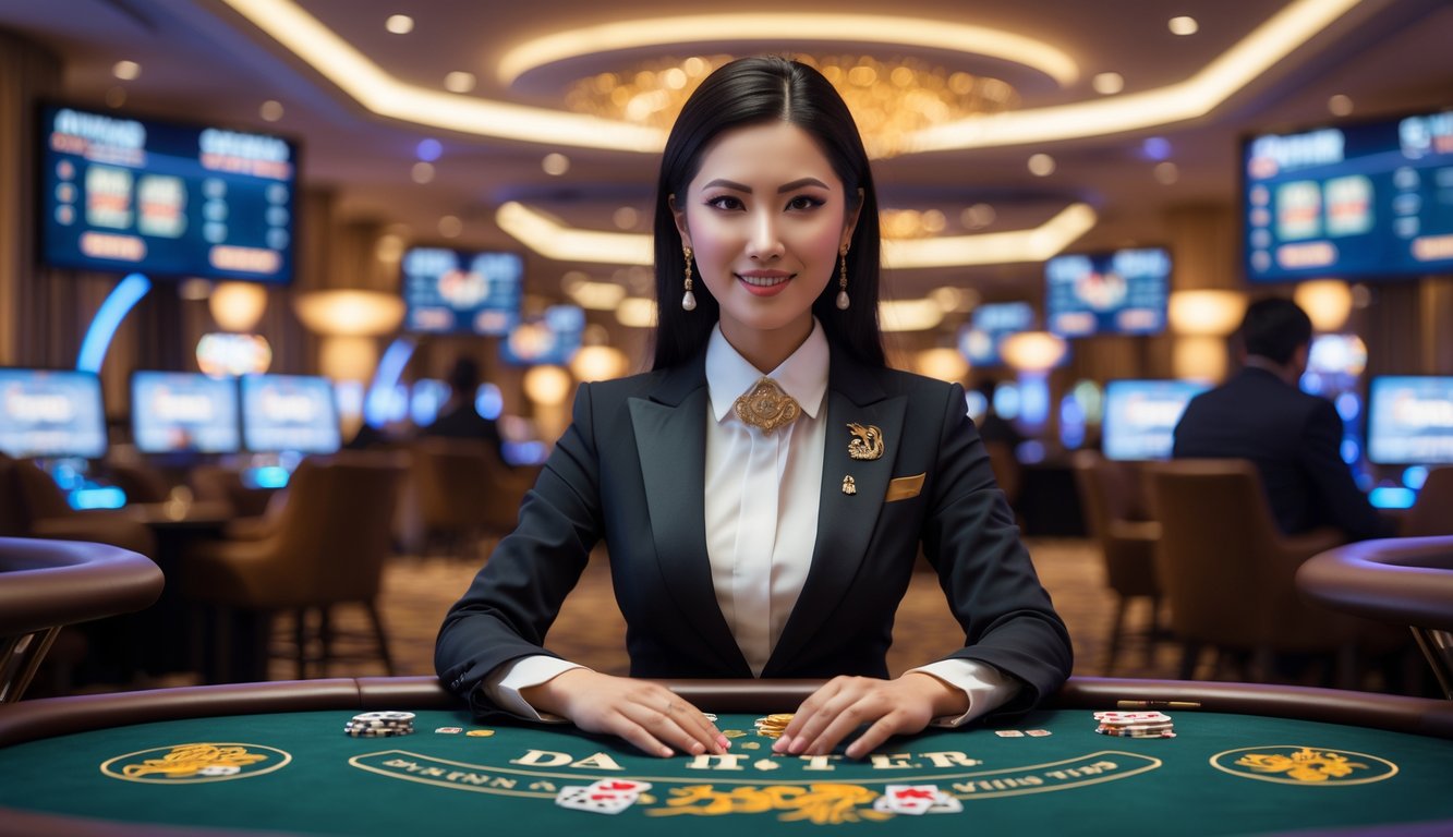 Seorang dealer kasino nyata sedang memimpin permainan Dragon Tiger di meja kasino modern dengan latar belakang suasana kasino mewah dan pemain yang menonton secara online.