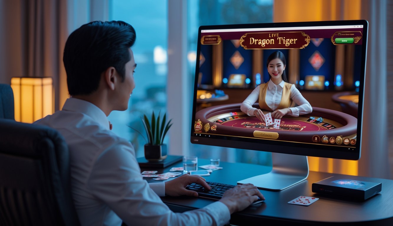Seorang pria duduk di depan komputer di rumah, bermain permainan kasino langsung Dragon Tiger dengan dealer nyata di layar.