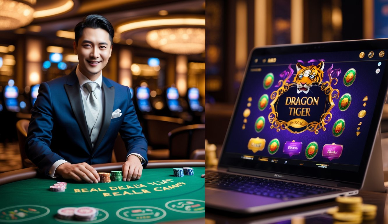 Gambar yang menunjukkan perbedaan antara dealer langsung permainan Dragon Tiger di kasino dan versi virtualnya di layar komputer.