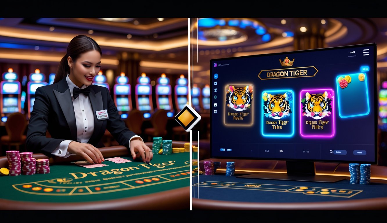 Suasana meja permainan Dragon Tiger dengan dealer langsung di satu sisi dan tampilan permainan virtual di layar di sisi lain.