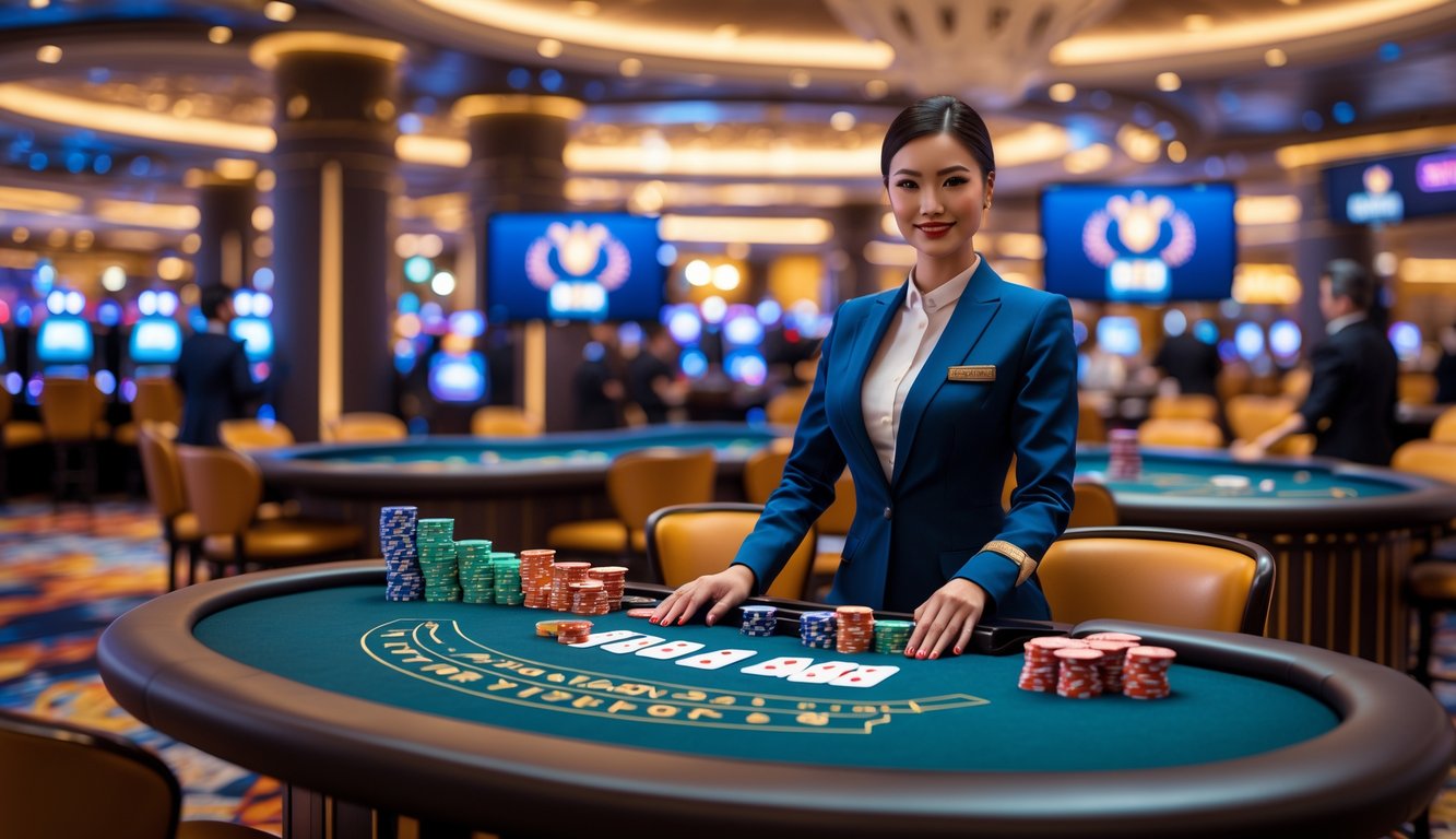 Seorang dealer profesional berdiri di meja permainan Dragon Tiger dengan pemain yang memperhatikan di latar belakang kasino yang mewah.