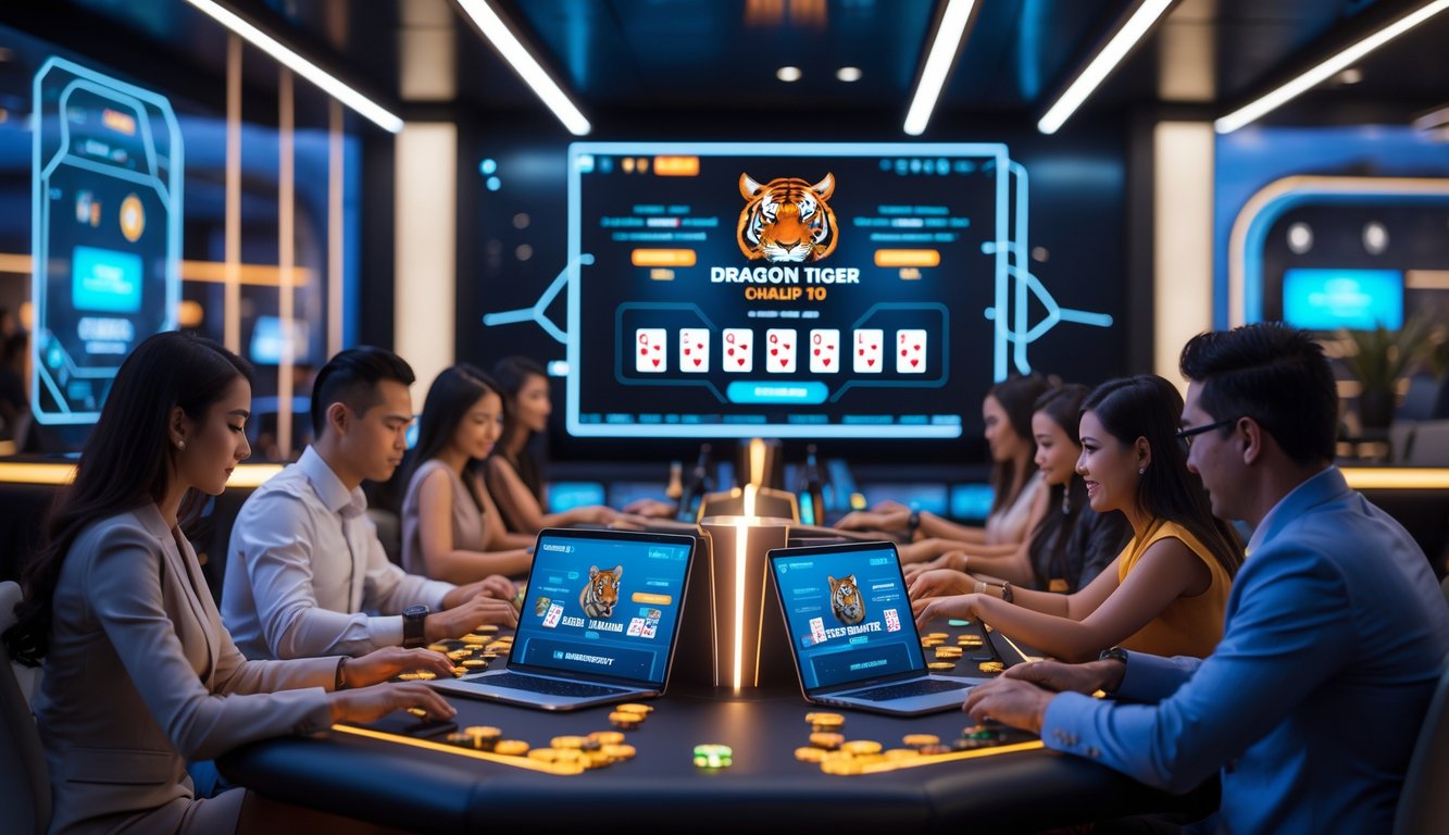 Meja permainan Dragon Tiger online dengan dealer nyata dan pemain yang fokus menggunakan perangkat digital dalam suasana kasino modern.