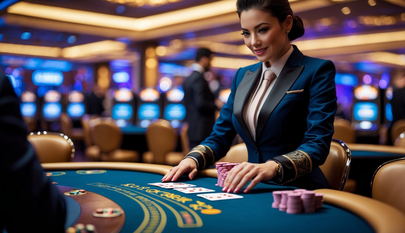 Seorang dealer profesional sedang mengelola permainan Live Dragon Tiger di meja kasino dengan latar belakang interior kasino yang mewah.