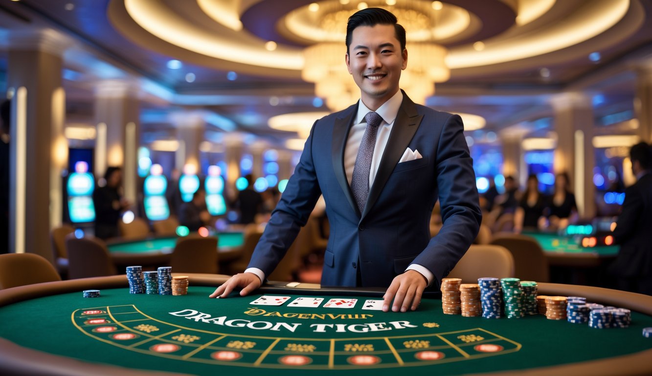 Seorang dealer profesional berdiri di meja permainan Dragon Tiger di kasino dengan kartu dan chip tertata rapi.