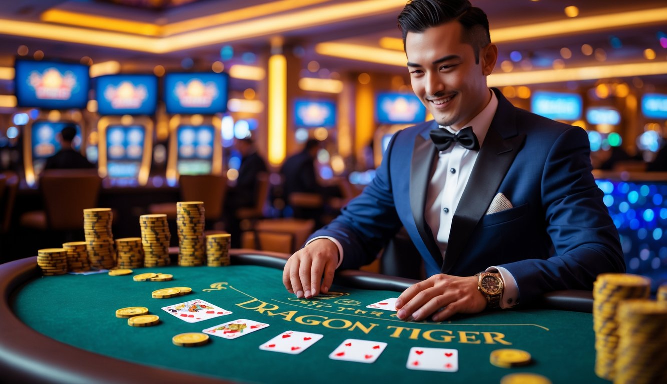 Seorang dealer profesional sedang membagikan kartu di meja permainan Dragon Tiger di kasino dengan suasana mewah dan pencahayaan hangat.