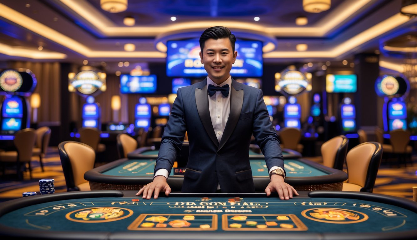 Seorang dealer profesional di meja permainan Dragon Tiger langsung di kasino dengan suasana hidup dan dekorasi elegan.