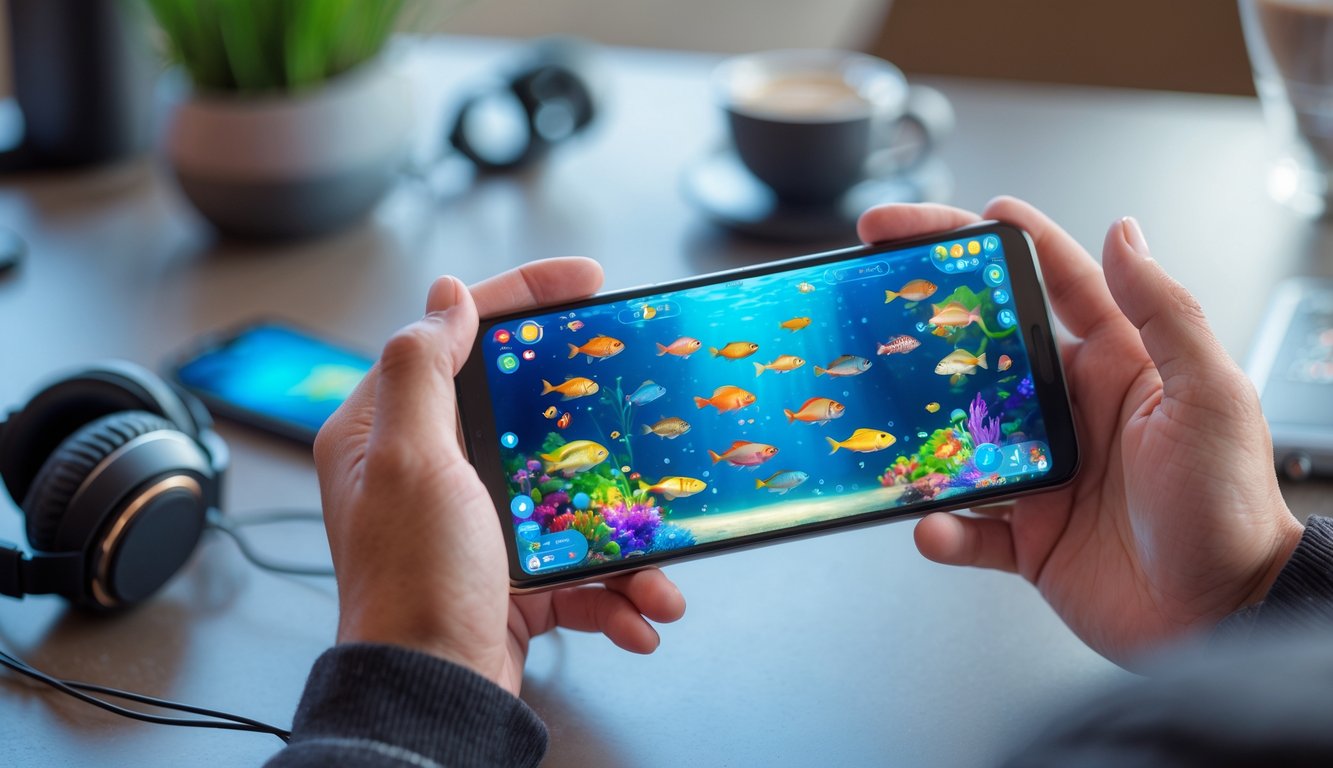 Seseorang memegang ponsel Android yang menampilkan permainan tembak ikan dengan berbagai ikan berwarna-warni di layar.