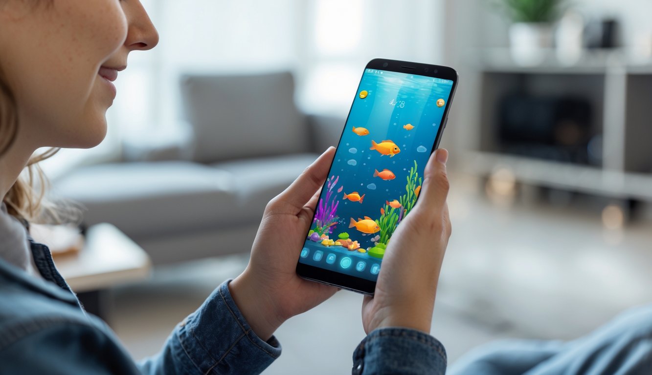 Seorang dewasa muda sedang memainkan game tembak ikan gratis di ponsel Android dengan latar belakang ruangan modern.