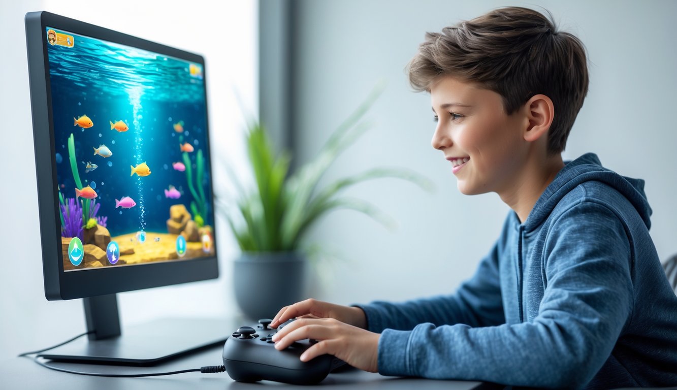 Seorang pemuda sedang bermain game tembak ikan di komputer dengan latar belakang bawah laut berwarna-warni.