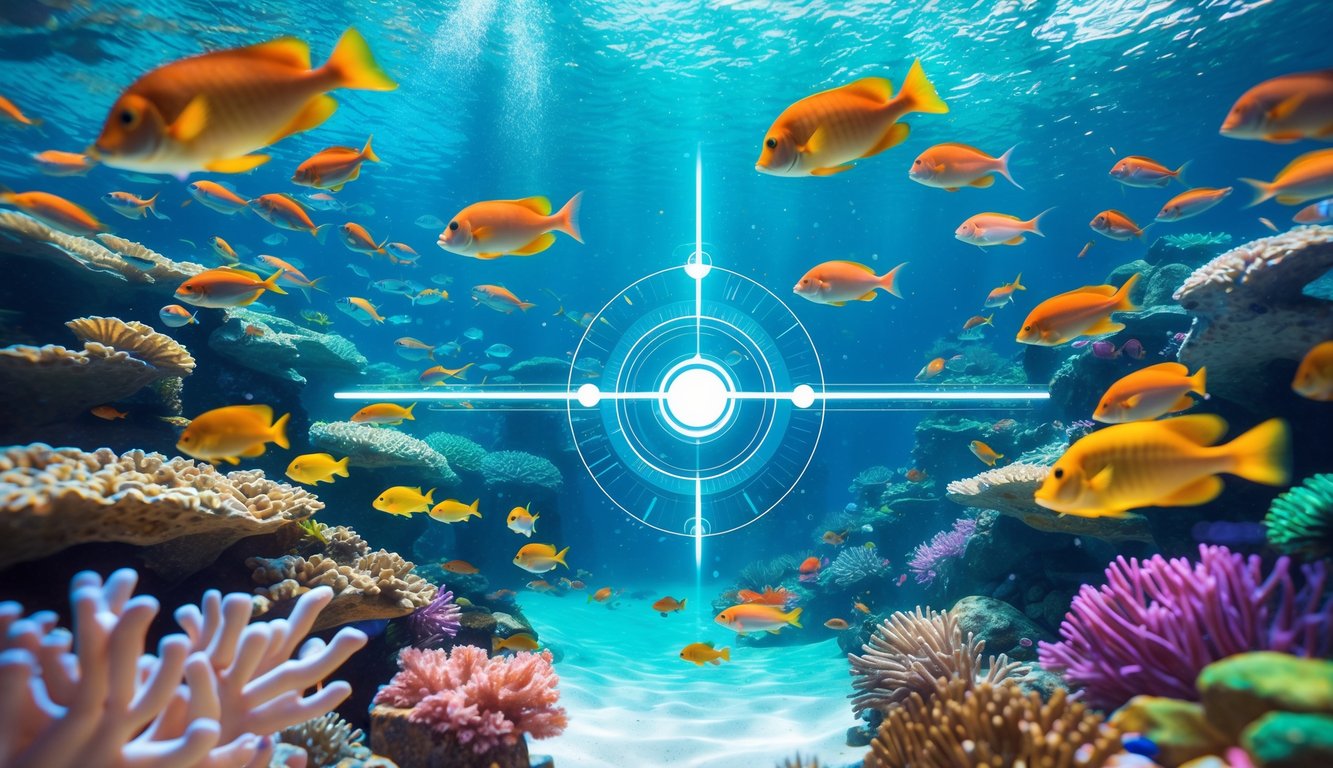 Pemandangan bawah laut yang penuh warna dengan terumbu karang dan ikan tropis berenang, dilengkapi dengan elemen antarmuka permainan digital yang menunjukkan target menembak ikan.
