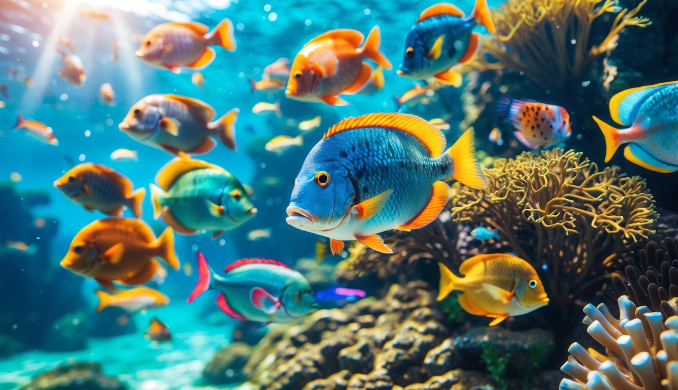 Pemandangan bawah laut dengan ikan berwarna-warni berenang di sekitar terumbu karang yang hidup.