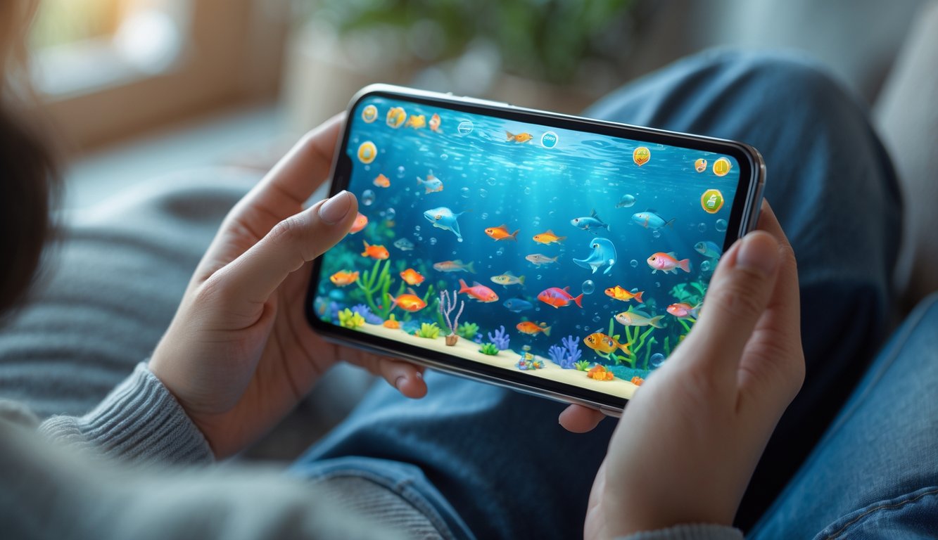 Seseorang sedang memainkan game tembak ikan offline di ponsel di dalam ruangan dengan latar belakang kabur.