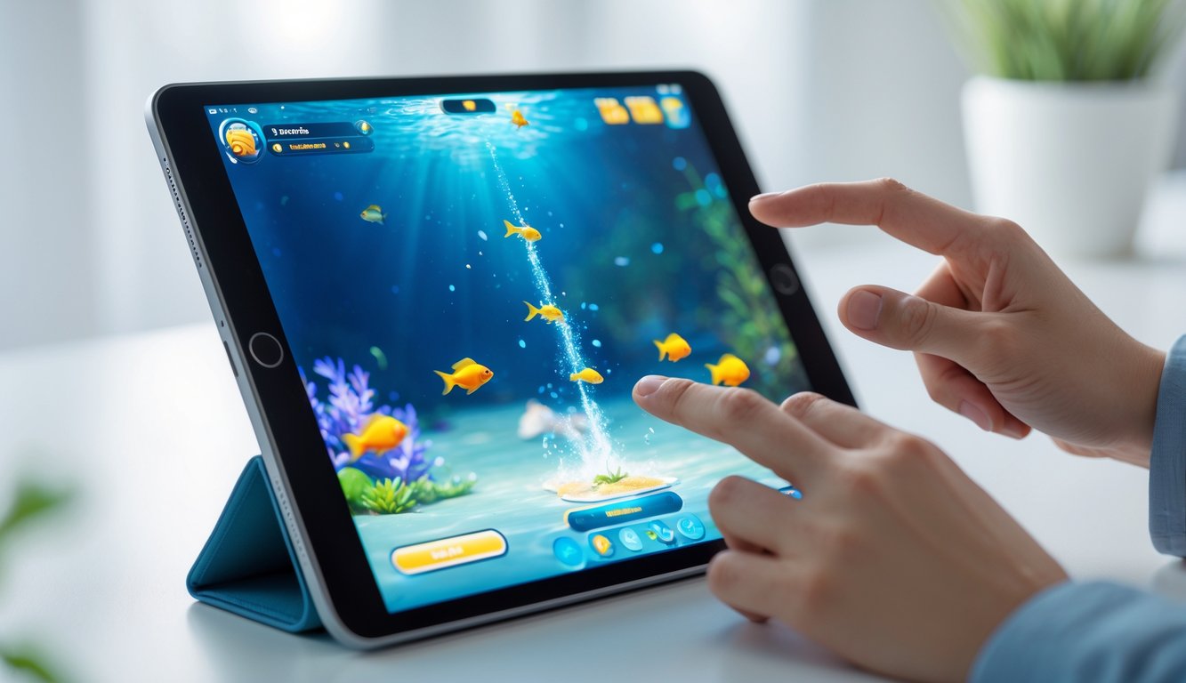 Seseorang sedang bermain game tembak ikan di tablet dengan fokus di ruang kerja yang terang.