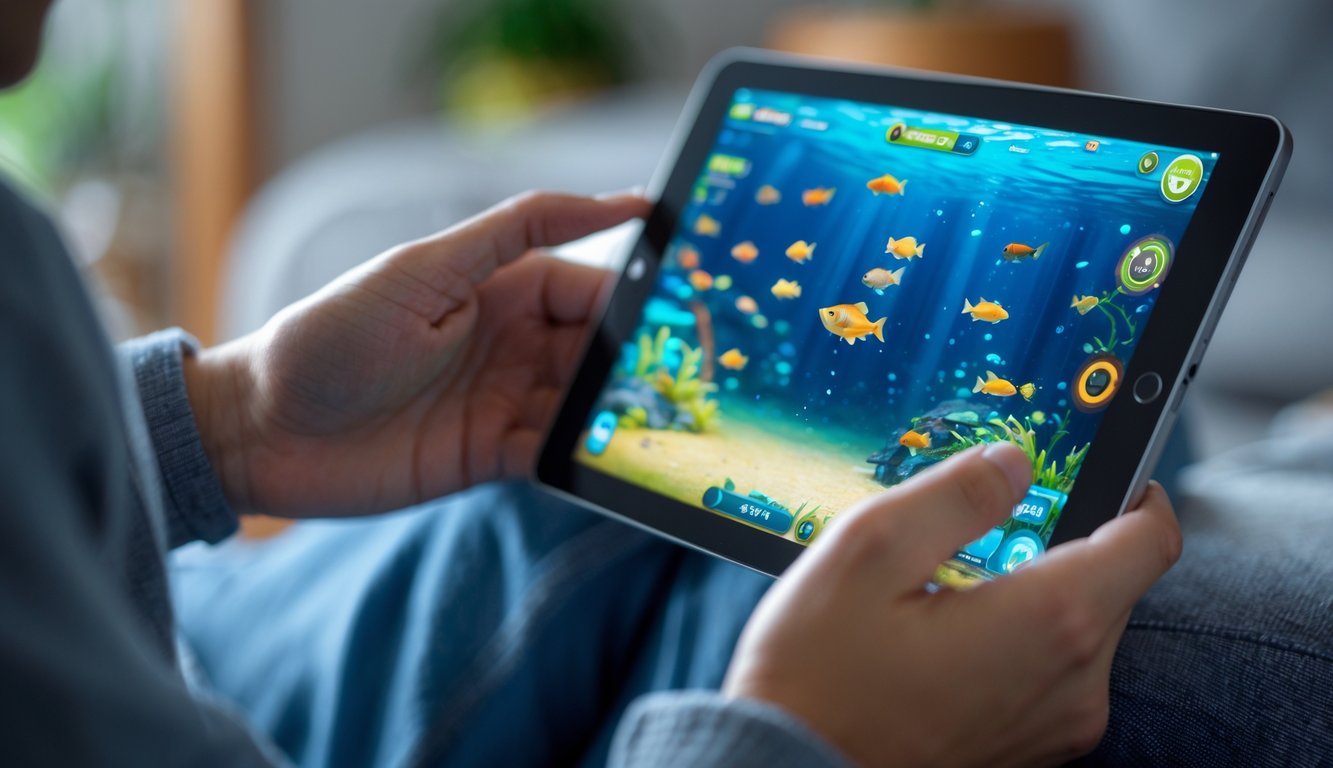 Seseorang sedang memainkan permainan tembak ikan di tablet dengan latar belakang ruangan yang nyaman.