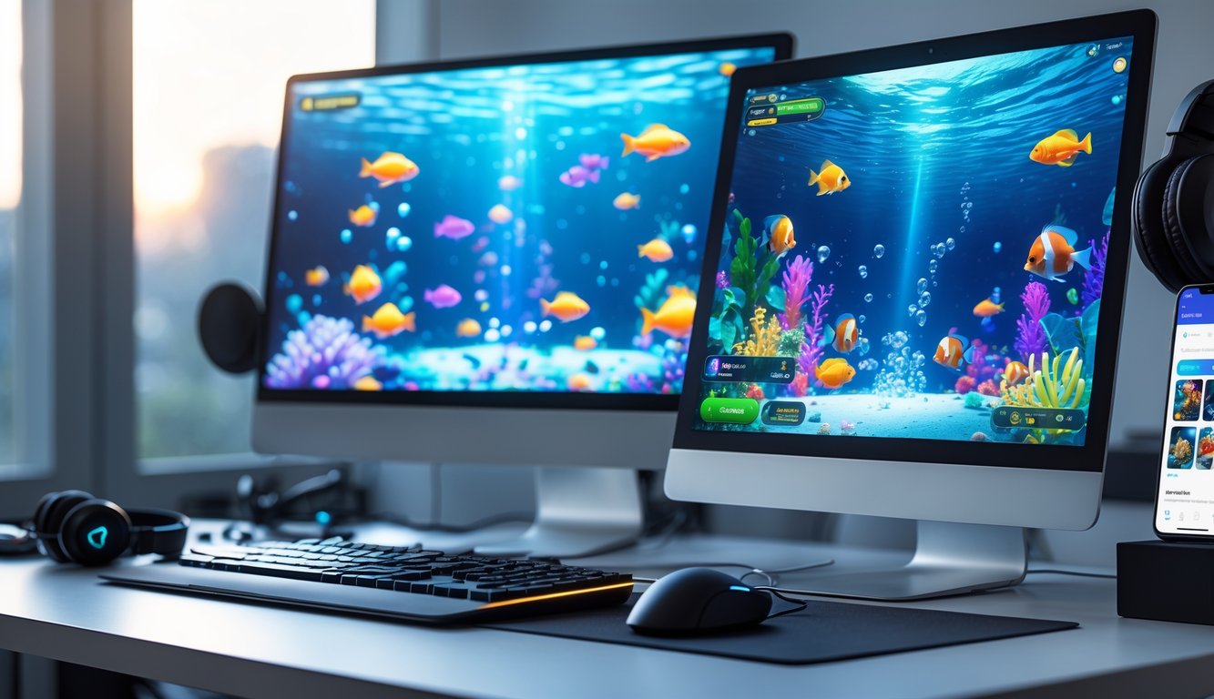 Setup komputer dan tablet yang menampilkan permainan tembak ikan dengan grafis ikan berwarna-warni di layar.