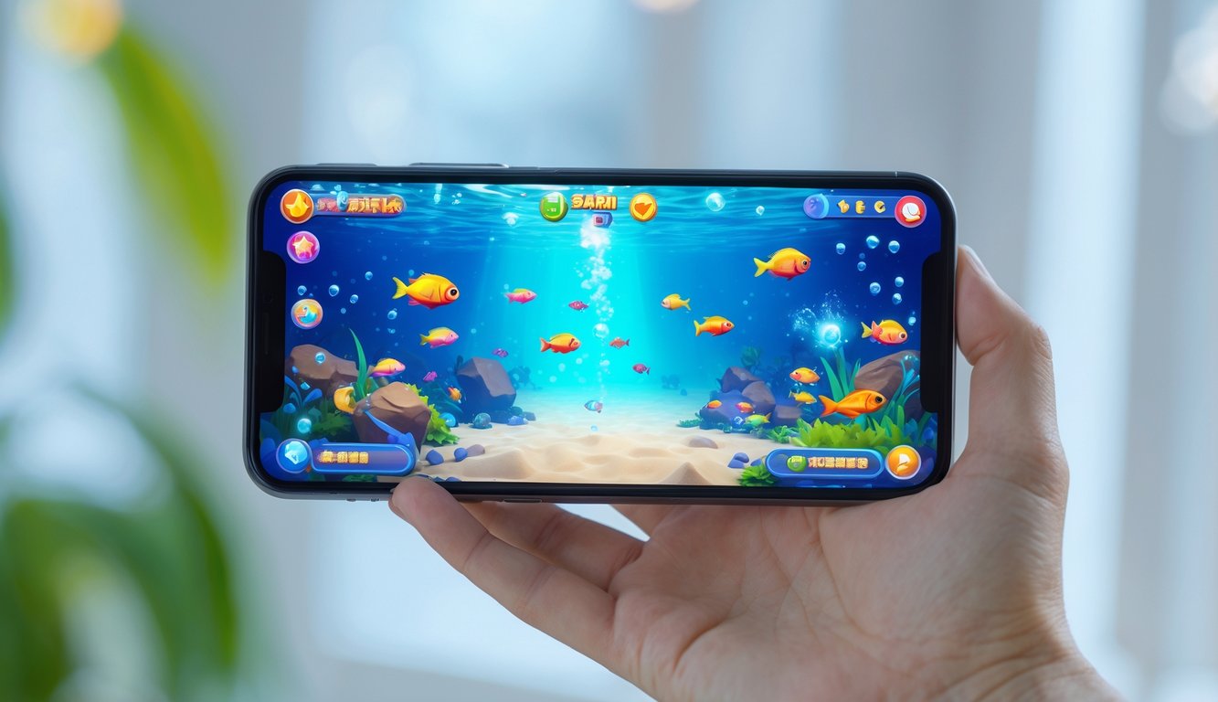 Seseorang memegang ponsel yang menampilkan permainan ikan dengan latar bawah laut berwarna-warni.