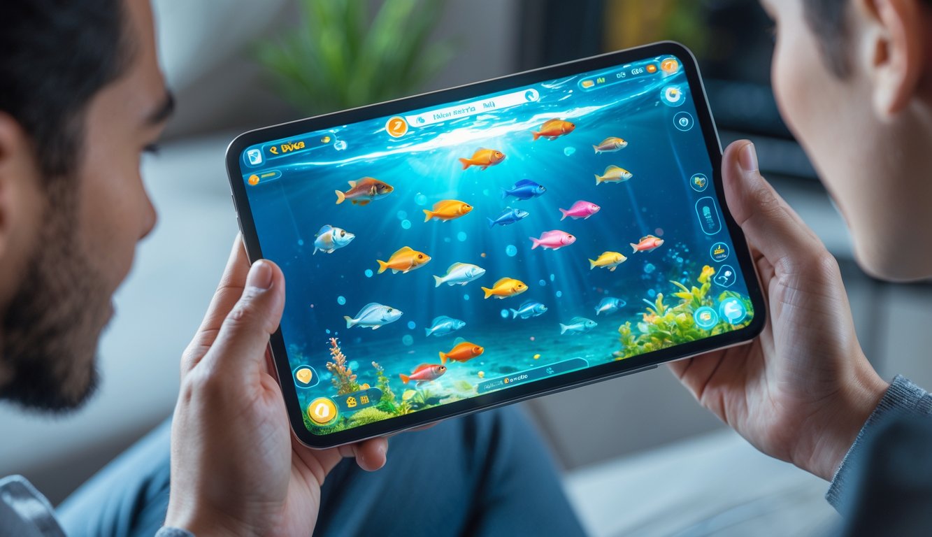 Tangan memegang perangkat digital yang menampilkan permainan tembak ikan multiplayer dengan ikan berwarna-warni di layar.