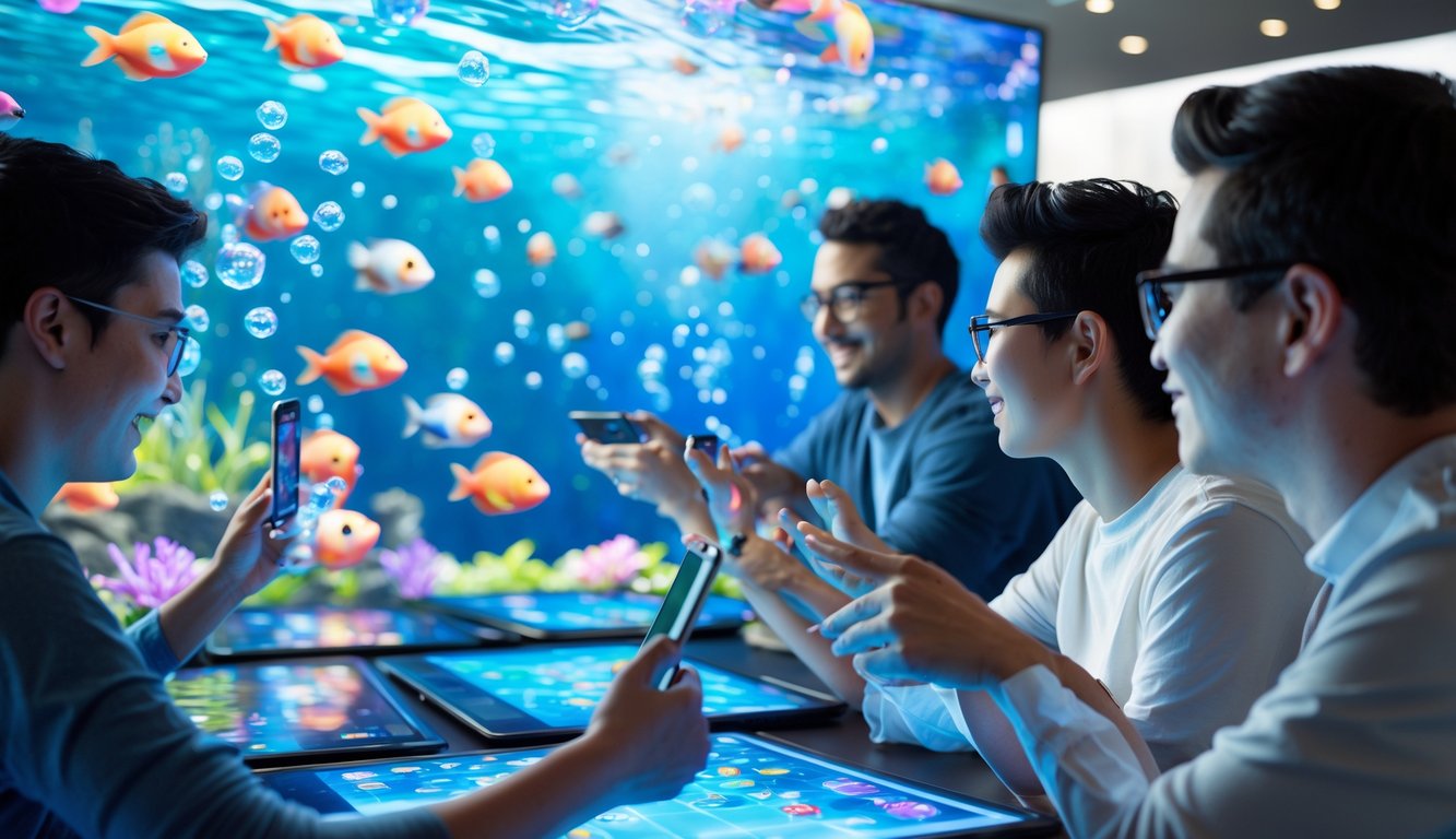 Beberapa pemain sedang bermain game tembak ikan multiplayer dengan latar bawah laut yang penuh ikan berwarna-warni.