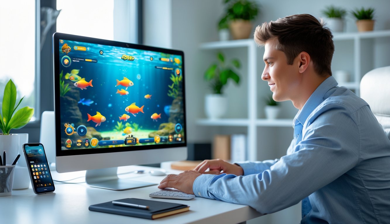 Seorang pria muda fokus bermain game tembak ikan di komputer dengan meja rapi dan aplikasi pengatur waktu serta anggaran di sampingnya.