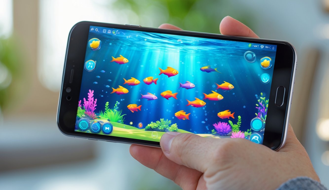 Seseorang memegang ponsel yang menampilkan permainan menembak ikan dengan grafis warna-warni di layar.