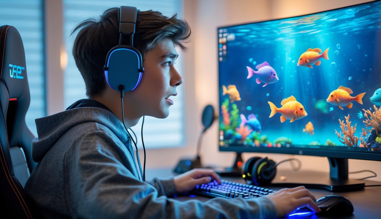 Seorang pemain muda terlihat fokus dan sedikit bingung saat bermain game tembak ikan di depan layar komputer.