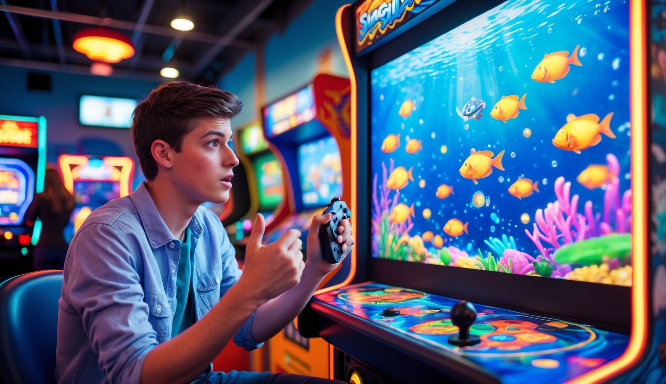 Seorang pemula terlihat bingung saat bermain game tembak ikan di mesin arcade dengan latar belakang suasana arcade yang ramai.