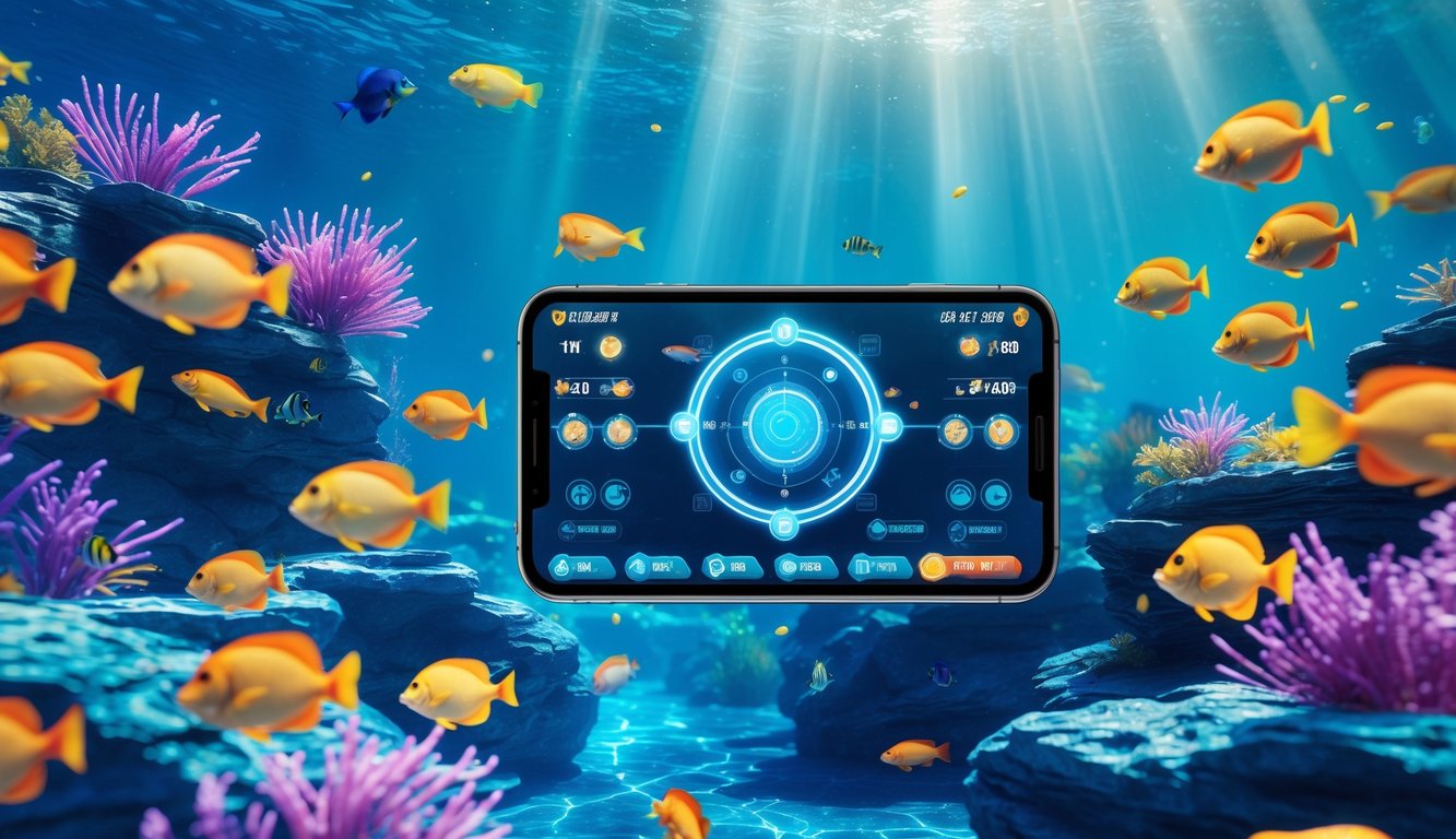 Adegan bawah laut dengan ikan warna-warni dan layar permainan menembak ikan yang menampilkan elemen digital dan antarmuka modern.
