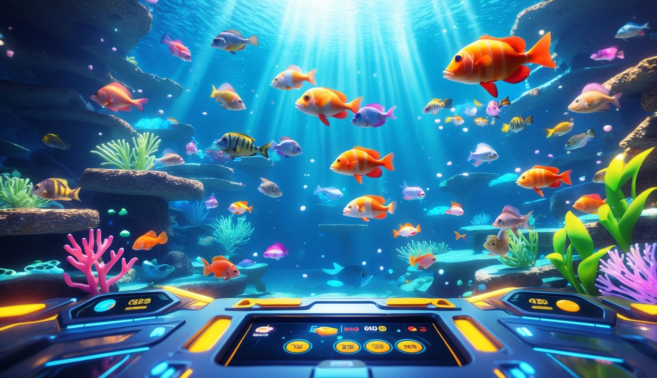 Pemandangan bawah laut dengan berbagai ikan berwarna-warni dan antarmuka permainan tembak ikan yang futuristik.