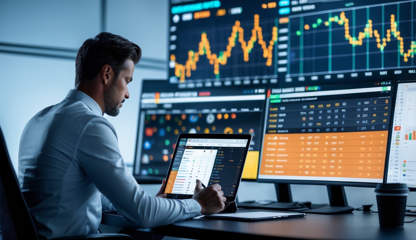 Seorang analis olahraga sedang bekerja di meja dengan beberapa monitor yang menampilkan statistik pertandingan sepak bola dan peluang taruhan dari Liga Inggris, La Liga, dan Serie A.