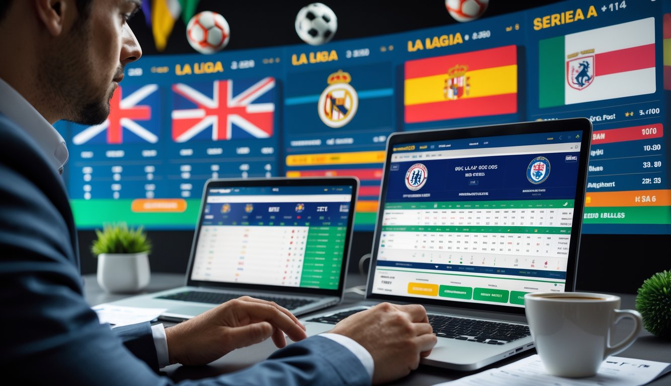 Seseorang sedang menganalisis data taruhan sepak bola dengan layar digital menampilkan statistik dan grafik dari Liga Inggris, La Liga, dan Serie A.