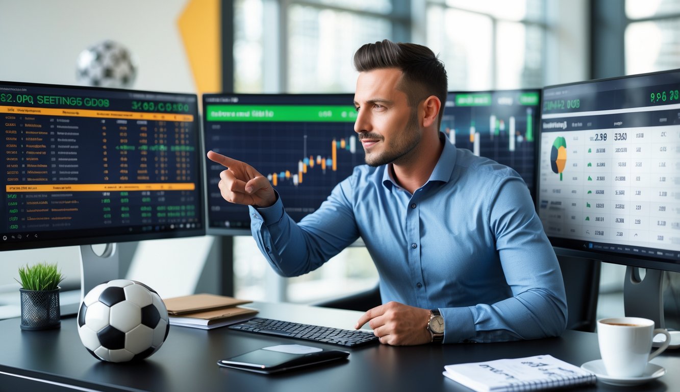 Seorang analis olahraga sedang memeriksa statistik dan peluang pertandingan sepak bola di depan beberapa monitor di sebuah kantor modern.