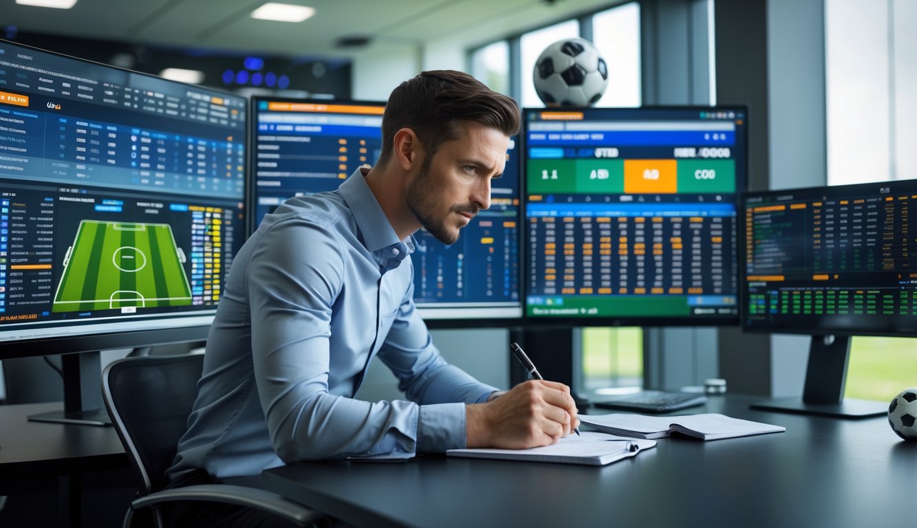 Seorang analis olahraga sedang mempelajari data pertandingan sepak bola dan peluang taruhan di depan beberapa monitor komputer dalam ruang kantor modern.