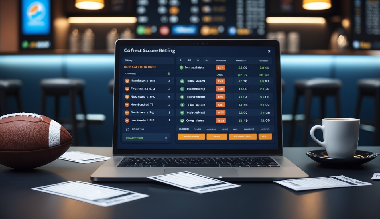 Seorang pria duduk di depan laptop dengan layar menampilkan skor pertandingan sepak bola dan peluang tinggi, di meja terdapat bola sepak dan secangkir kopi.