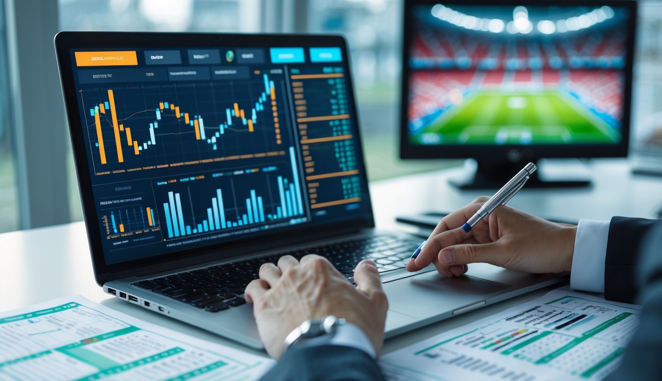 Meja kerja dengan laptop yang menampilkan grafik statistik taruhan bola, kertas data, dan layar besar yang menayangkan pertandingan sepak bola.