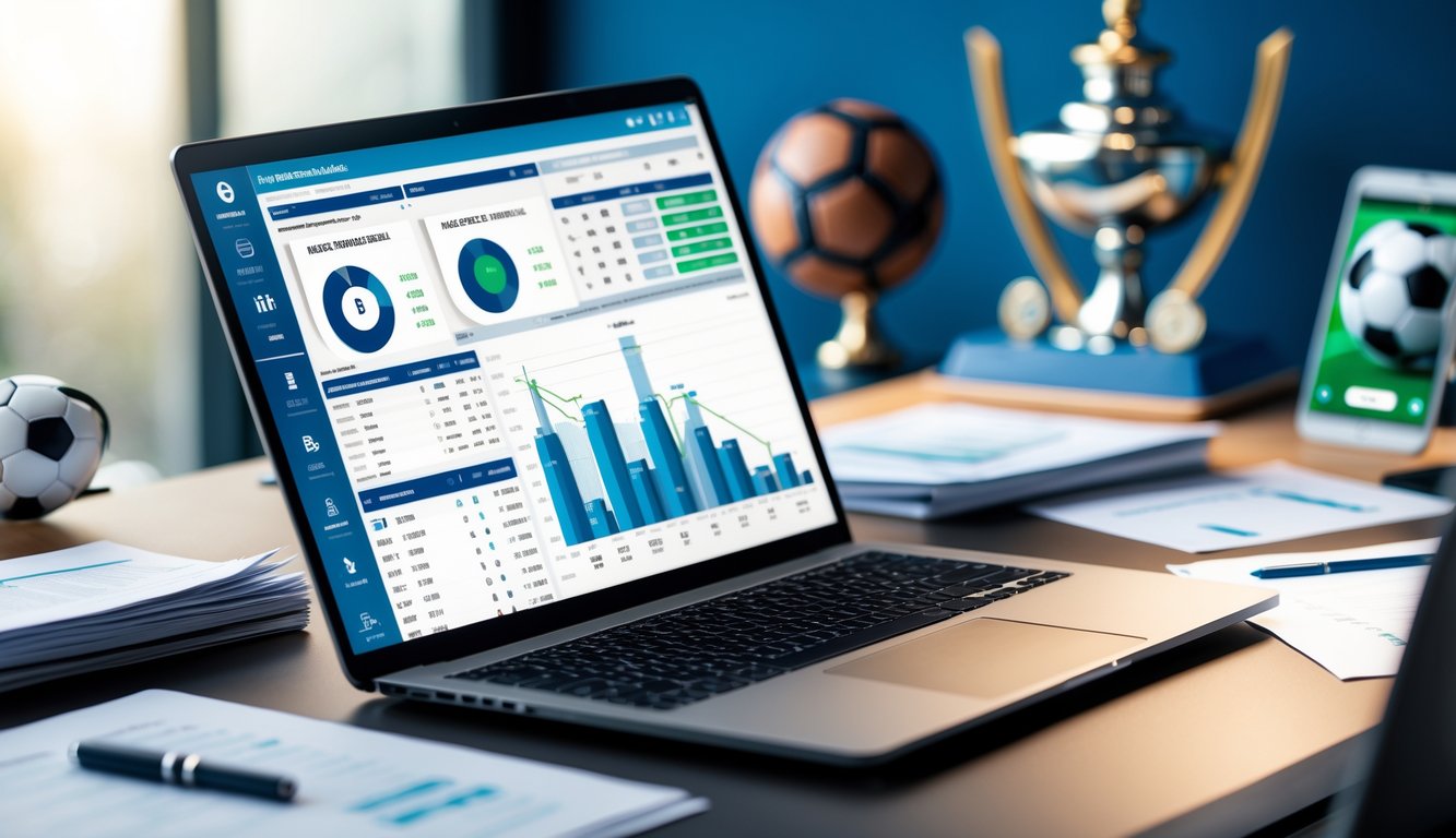 Meja kerja dengan laptop yang menampilkan grafik statistik taruhan bola dan perangkat lain seperti ponsel dan kertas di sekitarnya.
