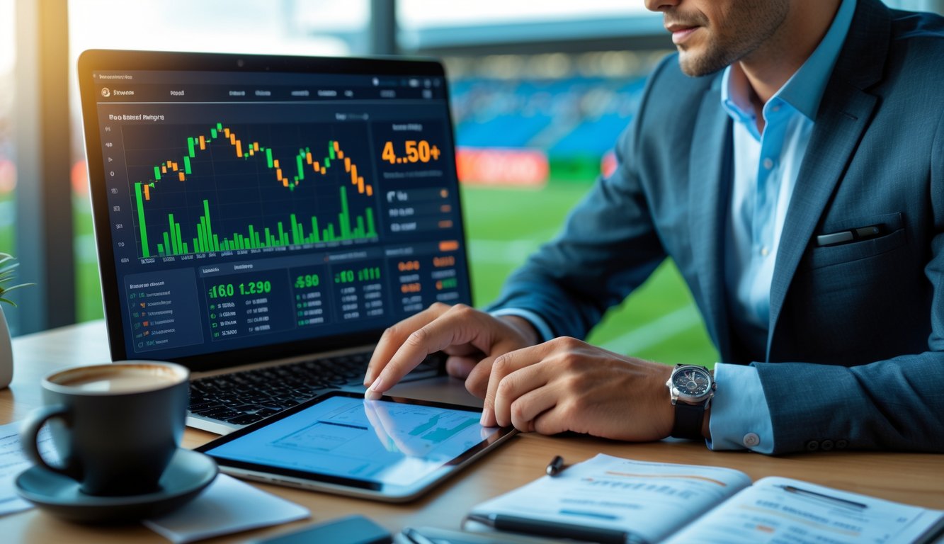 Seorang analis sedang bekerja dengan laptop dan tablet di meja, menampilkan grafik dan data taruhan olahraga dengan latar belakang suasana terkait sepak bola.