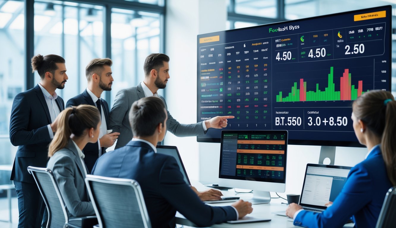 Sekelompok profesional sedang berdiskusi di kantor dengan layar digital yang menampilkan statistik taruhan sepak bola dan grafik prediksi.