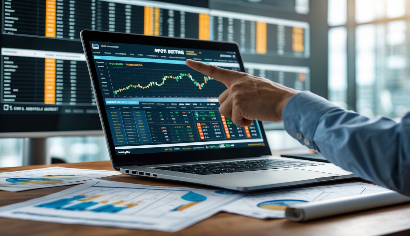 Meja kerja dengan laptop menampilkan statistik taruhan olahraga dan tangan menunjuk layar, di latar belakang layar digital menampilkan data angka dan peluang taruhan.