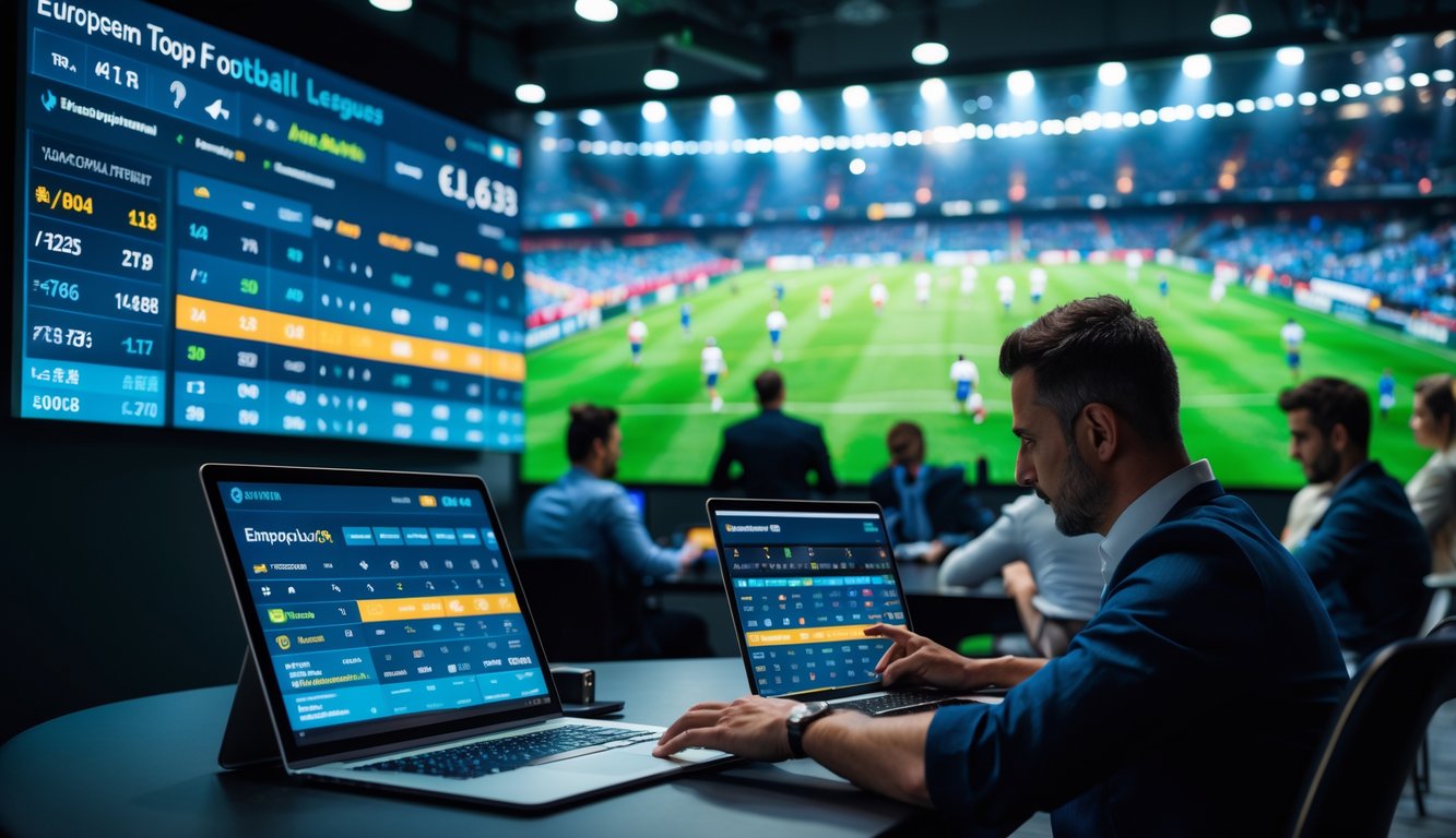 Orang-orang sedang menganalisis data taruhan sepak bola Liga Top Eropa dengan layar digital dan pertandingan sepak bola di latar belakang.