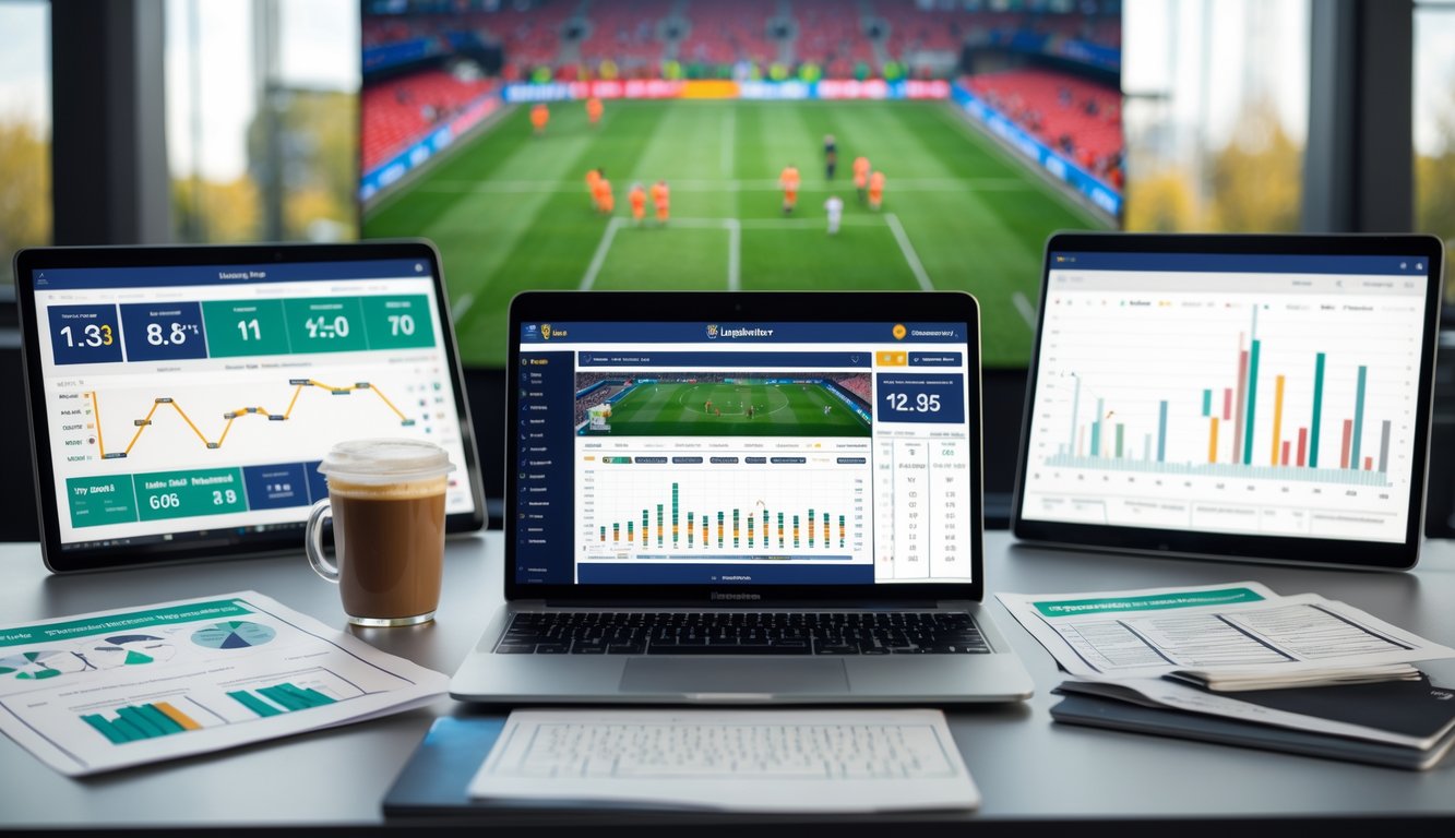 Seorang pria di meja kerja dengan laptop yang menampilkan statistik taruhan sepak bola, layar besar menampilkan pertandingan sepak bola liga top Eropa, suasana profesional dan fokus.
