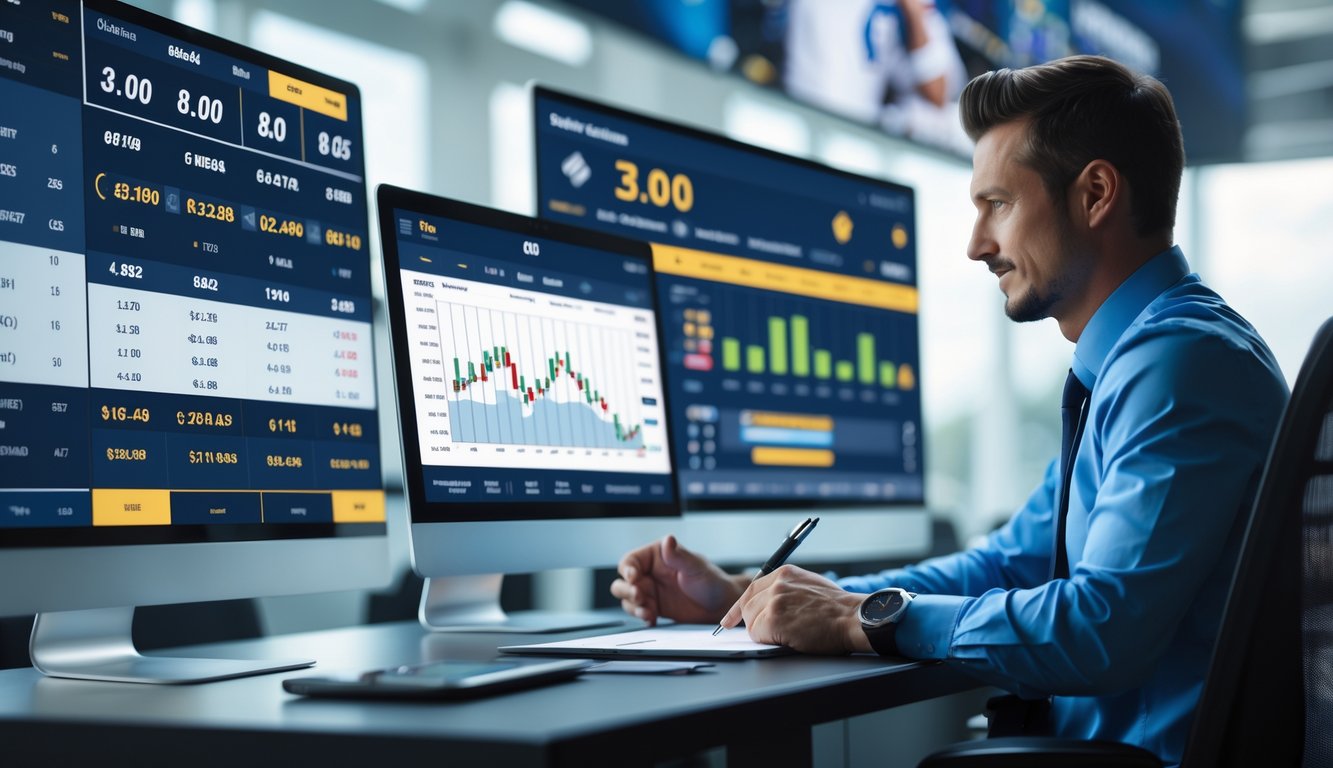 Seorang analis sedang memeriksa data taruhan olahraga di meja kerja dengan beberapa perangkat digital menampilkan grafik dan angka peluang taruhan.