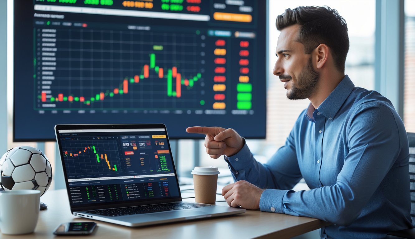 Seorang analis taruhan sepak bola sedang menunjukkan data statistik dan peluang taruhan pada layar laptop di ruang kerja modern.